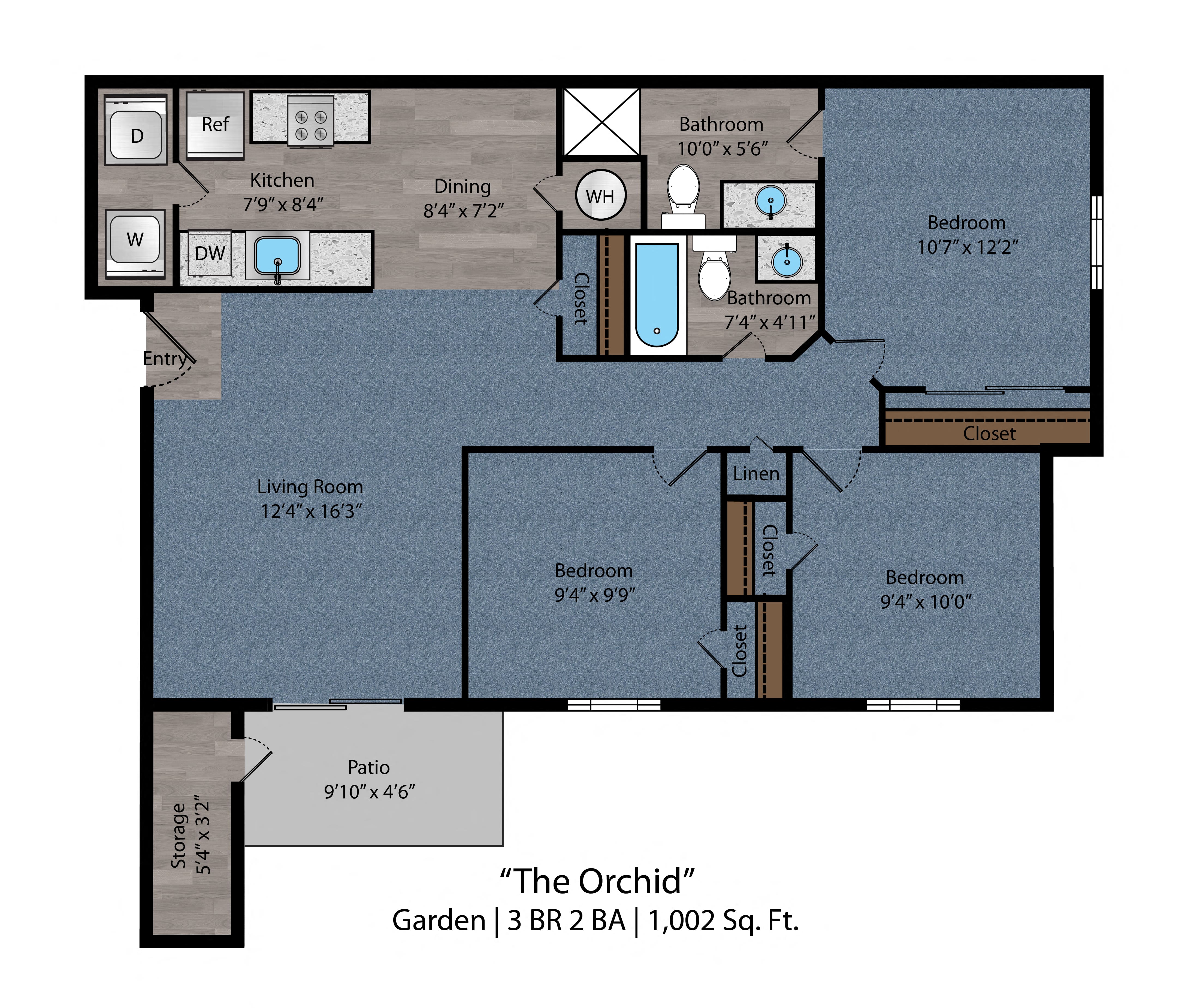 Floor plan for 3 beds, 2 baths, 1001 sqft